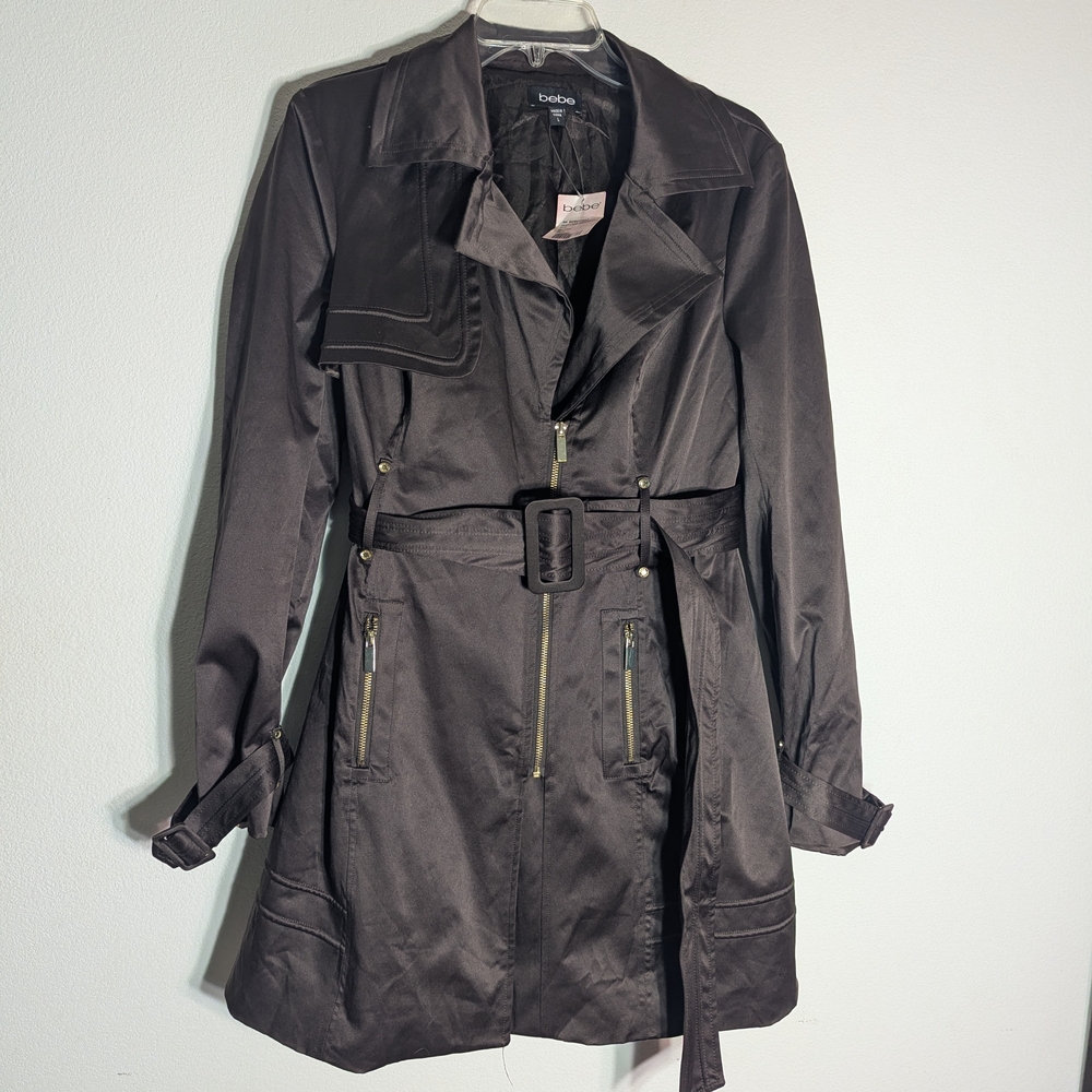 Bebe Womens Trench Rain Coat NWT Chocolate Brown Full Zip Winter Neutral Large